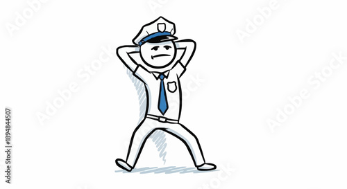 Stick figure police officer in handcuffs with hands behind head.
