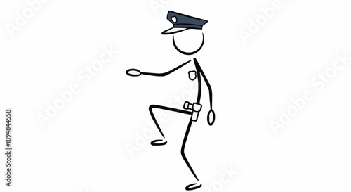 Stick figure police officer marching in uniform.