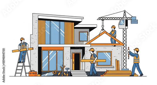 Construction workers building a modern house with crane.