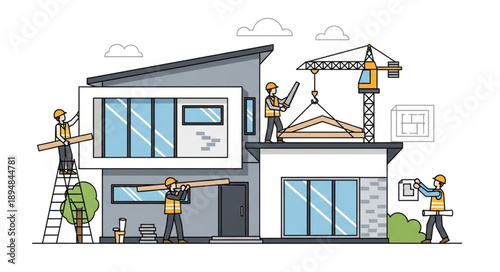 Construction workers building a modern house with cranes and tools.
