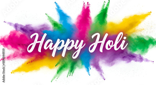Happy holi colorful powder splash background with festive greeting text expressing joy emotion indian culture celebration design for creative commercial branding use