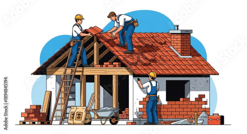 Construction workers building a new house roof with tiles.