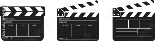 Clapper board film production vector icon set for cinema video editing isolated flat design illustration for movie industry set collection group creative media symbol Opened and closed movie clapper.