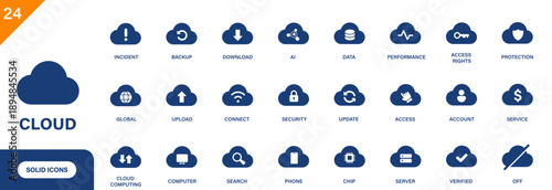 Cloud computing icon. Containing cloud backup, access, security, data, cloud downloads. Solid vector icon set.