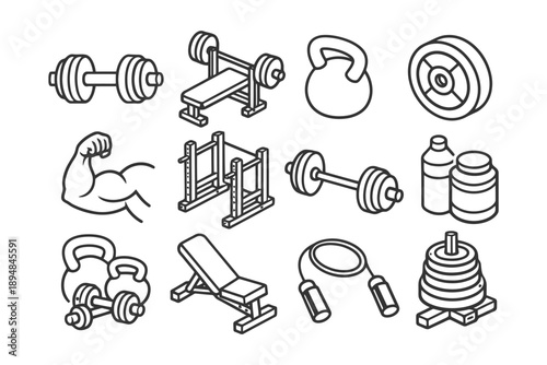 Black and white fitness equipment icons featuring dumbbells and kettle bells.