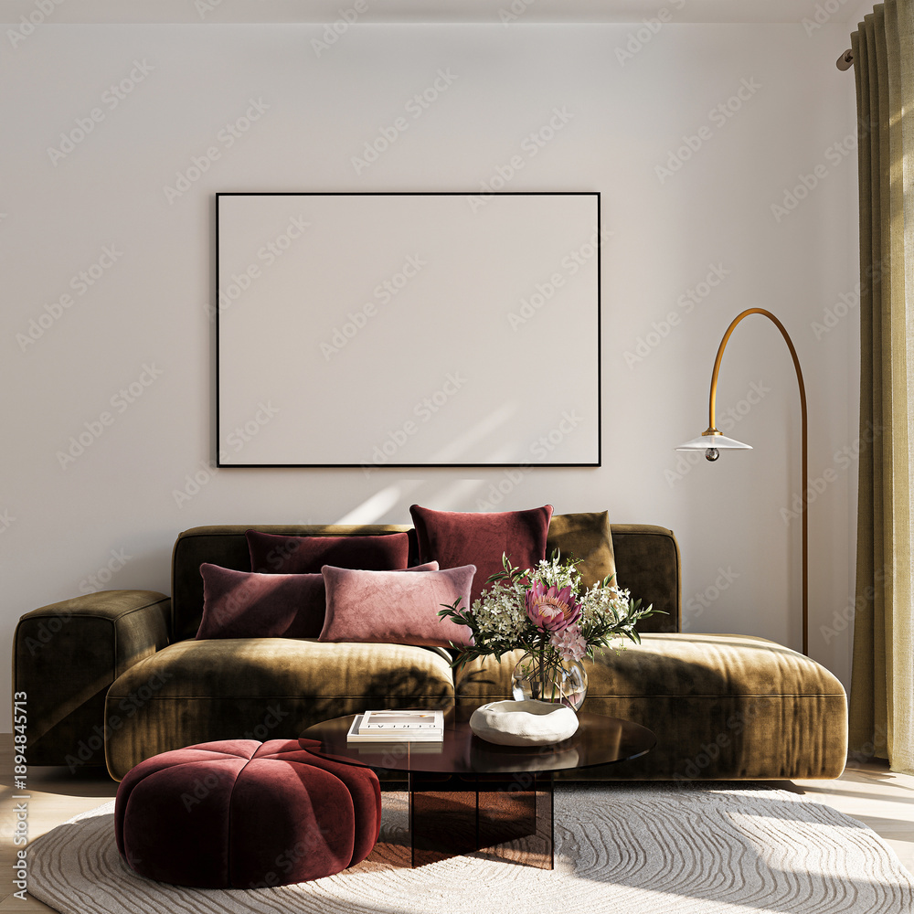 Fototapeta premium Modern Living Room Poster Frame Mockup with Natural Light and Minimalist Decoration. 3D render.