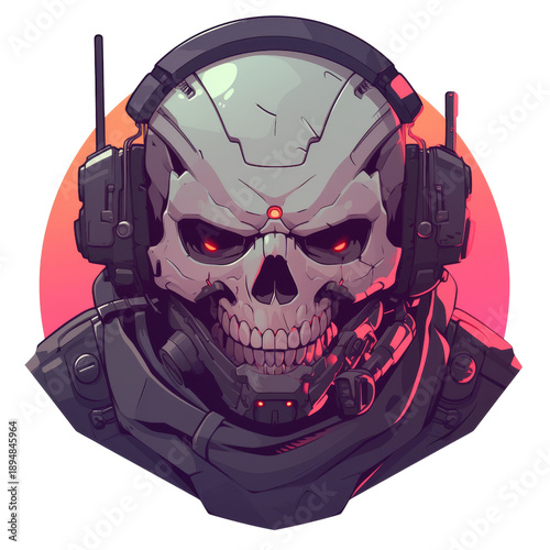 Stylized futuristic skull character with glowing red eyes and tactical headphones, set against a vibrant background.