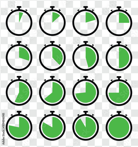 Stopwatch icon set in green color. Stopwatch Clock with Different Time Segments Vector. Collection of timer icon set in green color on white background.
