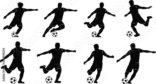 Dynamic soccer player silhouette collection, various kicking and dribbling action poses, detailed football athlete vector illustration set for sports design, training, and athletic graphics
