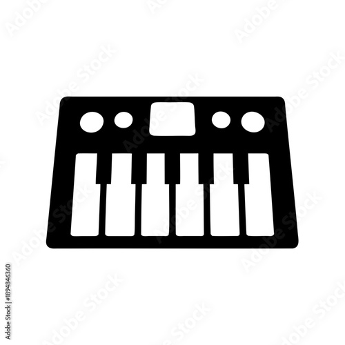 Simple black and white icon illustration of a musical synthesizer keyboard