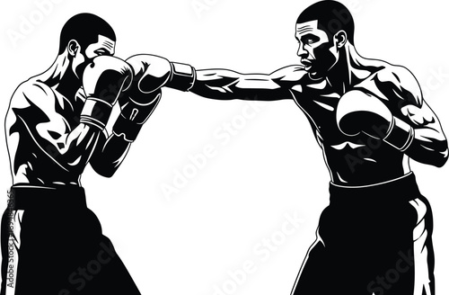 Dynamic vector illustration of two boxers fighting in intense match, showing powerful punch, strength, competition, sports action, athletic training in bold graphic style
