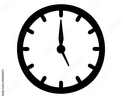 Black and white simple clock image with hands reading five minutes after noon