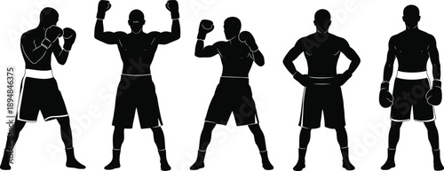 Dynamic vector illustration of multiple boxer silhouettes in various fighting stances, showcasing strength, training posture, athletic movement, sports action, and competitive workout energy