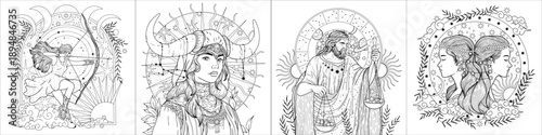 Coloring book, vintage vintage style deck of tarot cards. magical predictions of the future, mysterious characters.