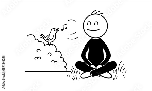 Serene Stick Figure Meditates Outdoors, Enjoying Peaceful Birdsong from Nature