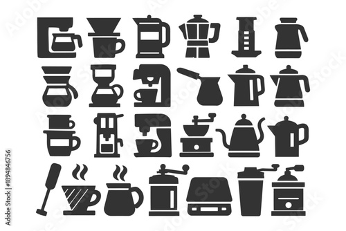 Variety of coffee maker icons featuring espresso pots and kettles.