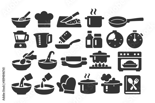 Kitchen utensils and cooking equipment icons collection.