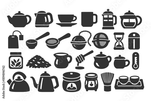 Collection of tea and coffee icons including kettles, cups, and accessories.