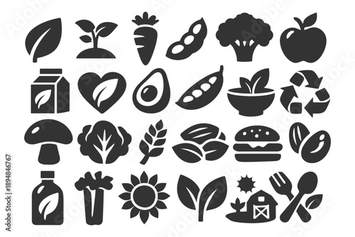Organic food icons set: fruits, vegetables, herbs, and eco-friendly symbols.