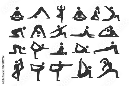 Silhouette yoga poses collection: variety of meditation and exercise postures.