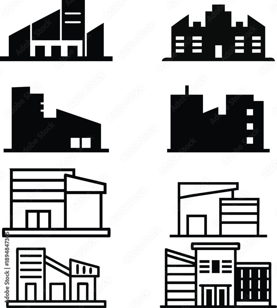 Fototapeta premium Collection of modern building silhouettes and outline designs showcasing architecture style and structure in various graphical representations together.