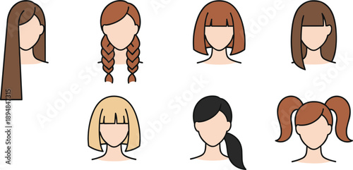 Women Hairstyles Collection with Long Short Braided Bob and Ponytail Styles Vector Illustration