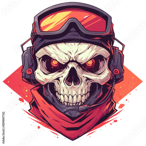 Intense cartoon skull wearing tactical goggles, headphones with mic, and a red scarf, with glowing red eyes.