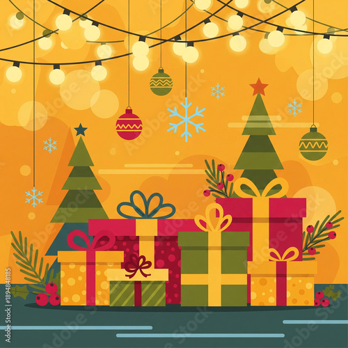 colorful christmas presents and trees with lights and ornaments