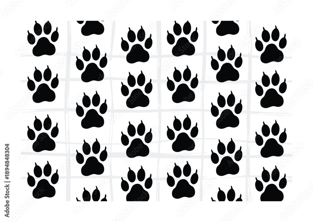 Fototapeta premium Vector illustration Black Paw Prints on a Textured Grid Background