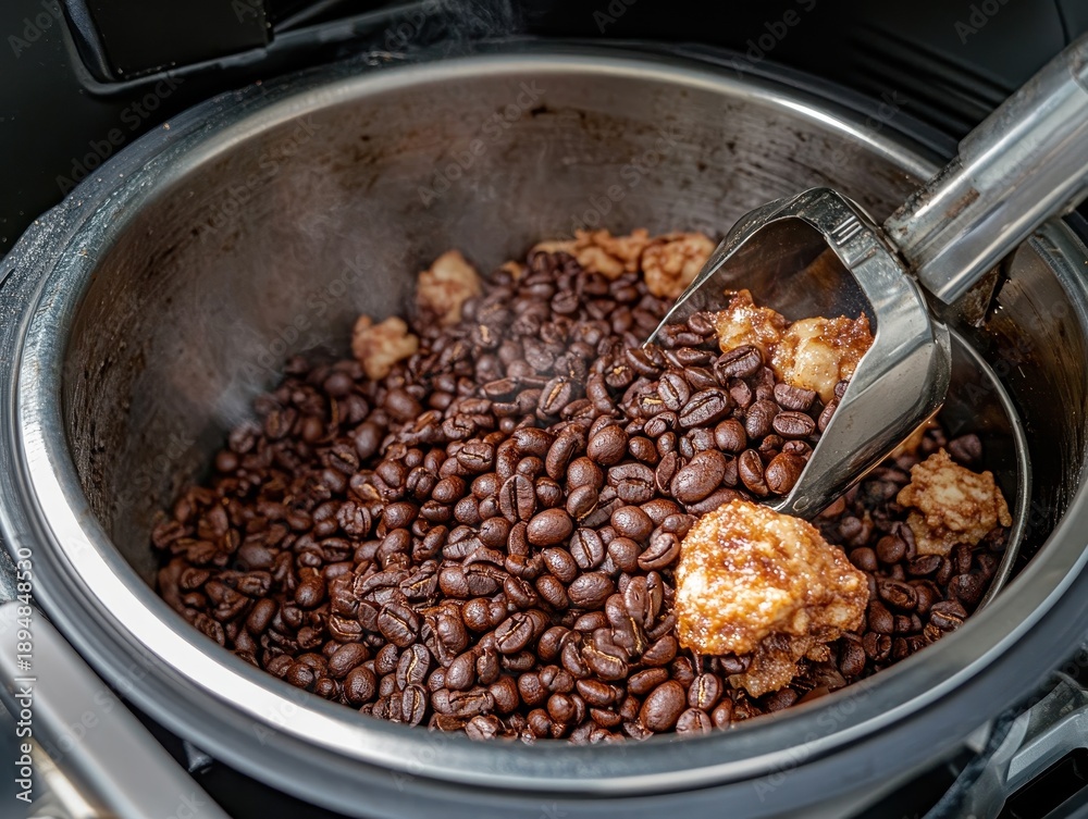 Fototapeta premium Metal scoop adding coffee beans to bowl in warm kitchen