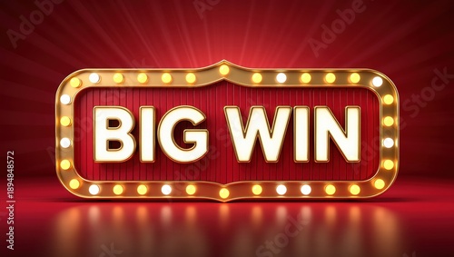 Retro red marquee billboard with golden Big Win text and radial light rays for vintage game show and classic casino jackpot concepts.