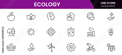 Ecology icon set. Environment, sustainability, nature, recycle, renewable energy, electric bike, eco-friendly, forest, wind power, green symbol vector collection.