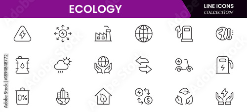 Ecology icon set. Environment, sustainability, nature, recycle, renewable energy, electric bike, eco-friendly, forest, wind power, green symbol vector collection.
