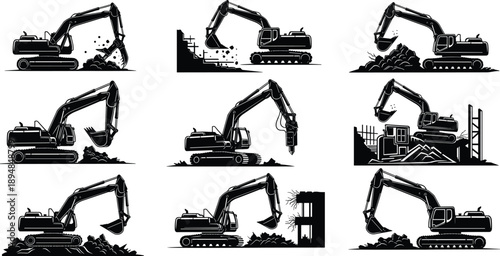 Excavator construction silhouettes set showing heavy machinery digging breaking and loading operations industrial earthmoving black vector illustration isolated