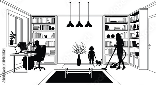 Family daily life silhouette at home interior showing parents working cleaning and child playing modern living room black vector illustration