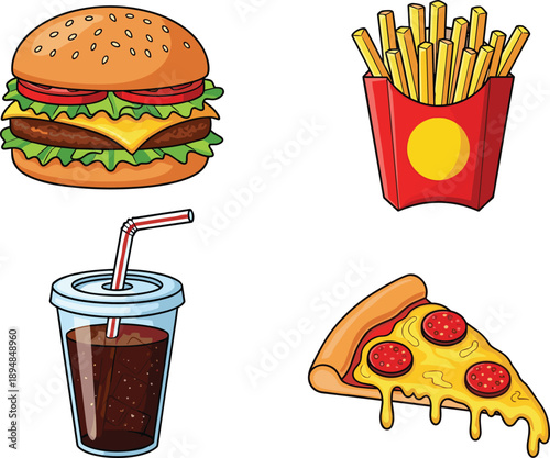 Fast food illustration set featuring cheeseburger french fries soda drink and pizza slice colorful cartoon vector isolated on white background