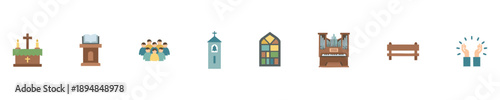 Christian church icons: altar, pulpit, congregation, building, stained glass, organ, pew, worship hands.