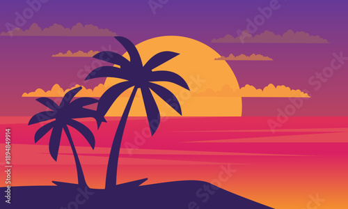 Vector illustration of a tropical sunset with palm trees, ocean, and colorful sky (purple, orange, pink). Modern and stylized design.