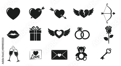 Collection of black and white love icons for valentine's day