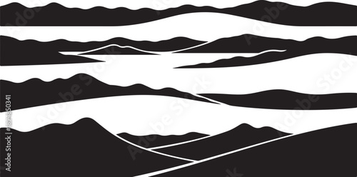 Monochromatic landscape with rolling hills and winding roads depicted