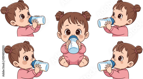 Cute baby drinking milk illustration set, toddler feeding bottle, adorable infant poses, parenting concept, flat cartoon style isolated white background