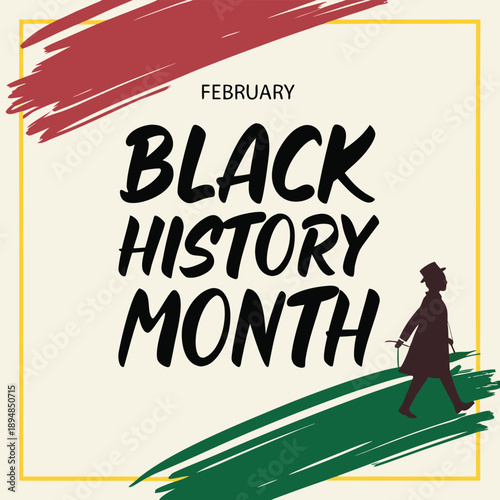 A vibrant graphic honoring February as black history month with symbolic Pan-African colors

