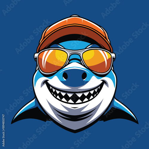 vector illustration of a cartoon shark wearing a hat and glasses