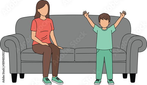 Mother and child at home illustration, parent sitting on sofa, happy kid raising hands, family lifestyle concept isolated