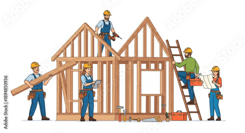 Construction workers building a wooden house frame together.