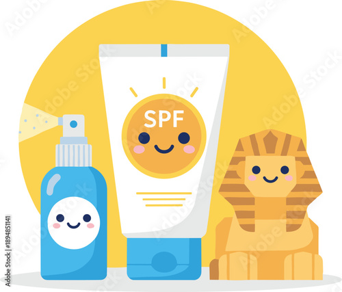 Cute Sunscreen SPF Tube with Spray Bottle and Egyptian Pyramid for Sun Protection Concept Vector Illustration