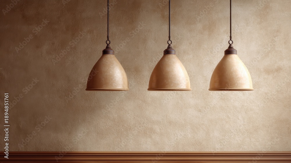Obraz premium Elegant Rustic Pendant Lights Hanging from Ceiling in Soft Warm Interior with Subtle Textured Wall and Wooden Trim for Cozy Atmosphere