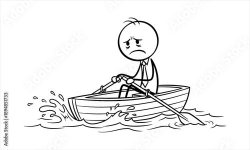 Sad man in a small boat rowing through rough water