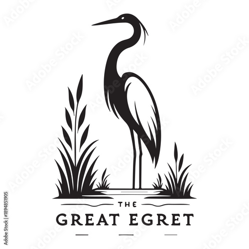 Great Egret Heron Bird in Wetland Reeds Logo Silhouette Vector