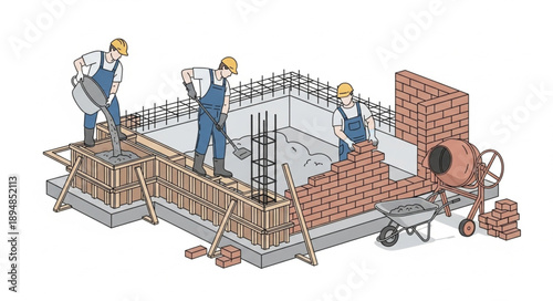 Construction workers building foundation and brick wall with cement mixer.